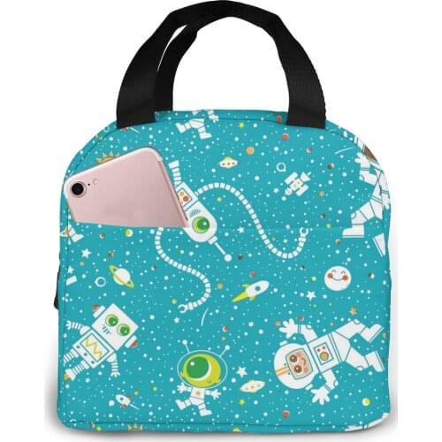 Cartoon Astronaut Space Ship Canvas Portable Cooler Lunch Bag Thermal Insulated Multifunction Food Bags Food Picnic Lunch Box