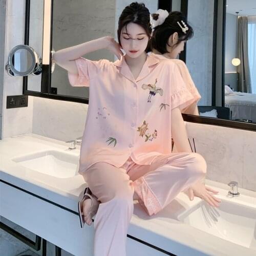 New Loose Summer Womens Sleepwear Suit Short Sleeve Cartoon Printed Pajamas Sets Casual Soft Luxury Femme Mujer Home Nightwear