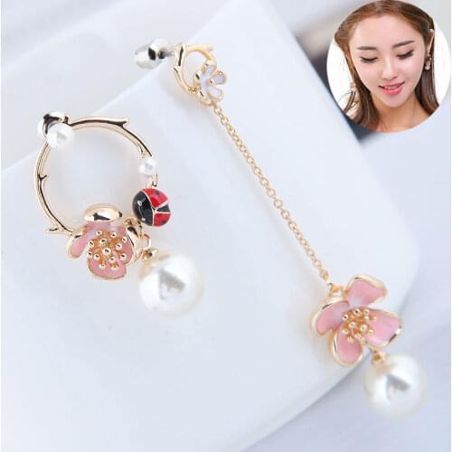 New Fashion Jewelry Korean Gold Color Enamel Flower Stud Earrings Insect Ladybug Pearl Earrings 2019 Women Girl Brincos