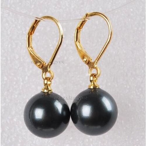 Wholesale FREE SHIPPING DD 12mm Black south sea shell pearl 14KGP Hook earrings AA A0422