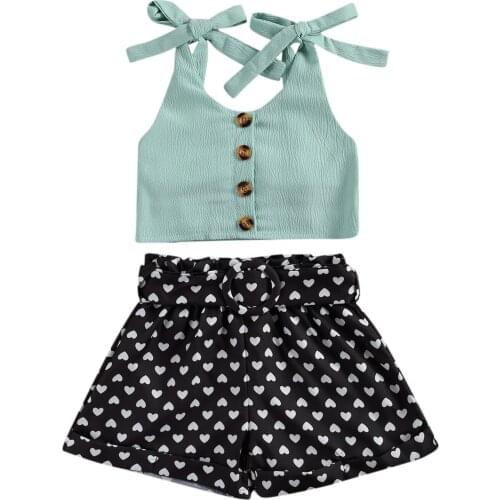 1-6Y Toddler Kids Baby Girl Sleeveless Strap Tank Tops Heart Print High Waist Shorts Pant Bottom 2PCS Summer Clothes Set