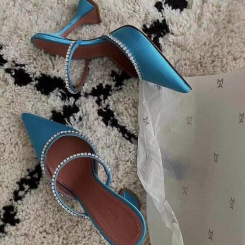 Half-drag Womens Shoes, Outer Wear Fashionable Sparkling Rhinestone Satin Wine Glass Heel Shoes, Baotou Slippers