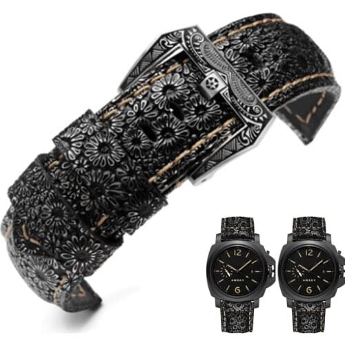 For PAM441 448 312 wristband high quality Cowhide Genuine Leather Watch Band retro flower grain Thick Soft Watchband 22 24 26mm