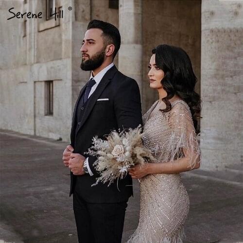 Serene Hill Brown Mermaid Luxury Evening Dresses Gowns 2021 Beaded Feather Elegant For Woman Party LA71323