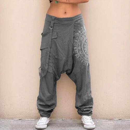 Fashion Women Solid Color Pockets Harem Pants Baggy Trousers Plus Casual Loose Elastic Low Waist Waist Drop Crotch Pants