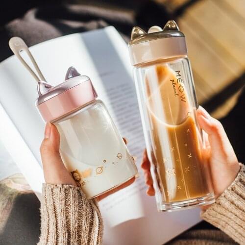 Cute Cartoon Cat Glass Water Bottle 220/300ml Kawaii Student Bottles Portable Drink Bottle with Silicone Rope Clean Brush Gift