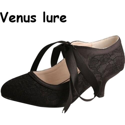 Nude Black Mary Jane Heels Black Lace Court Shoes Lace up Closed Toe Size 9