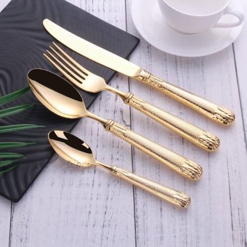 Top Qaulity Luxury Golden Cutlery 4pcs Stainless Steel Engraving Table Knife Fork Spoon