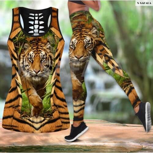 The Tiger 3D Printed Women Two Piece Yoga Set Vest Hollow Combo Tank Top Legging Waist Sport Fitness Quick Dry E32