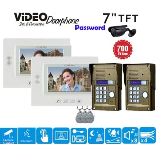 ZHUDELE 2Camera+2Monitor 7" LCD Monitor Speakerphone Intercom Color Video Door Phone Doorbell Access Control System IR Doorphone