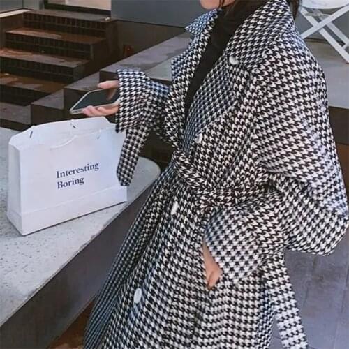 2021 Fashion Women Long Plaid Trench Coat Autumn New Arrivals Houndstooth Waistband Coats