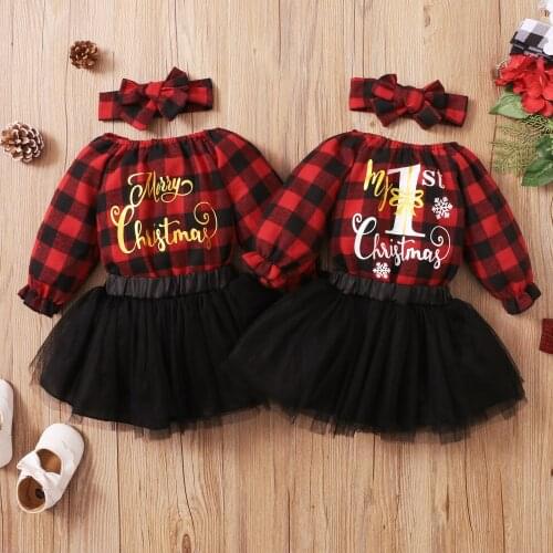 Baby Girls Christmas Clothes Set Infants Newborn Girls Long Sleeve Printed Pattern Bodysuit+Black Yarn Skirt+Headdress 3PCS Set