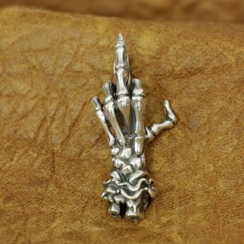 925 Sterling Silver Middle Finger Skull Hand Pendant Mens Biker Pendant TA184