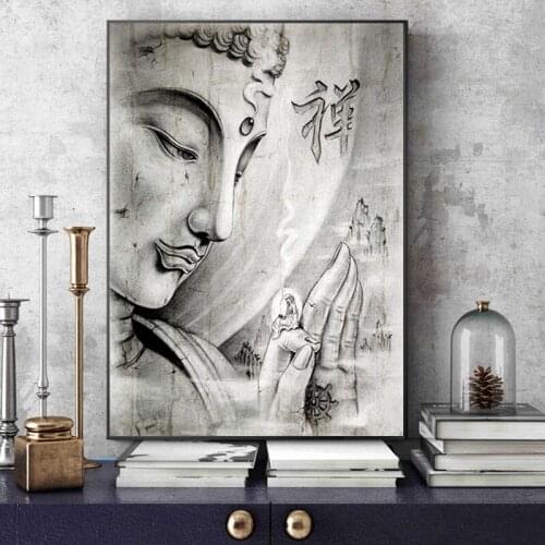 Abstract Black White Religion Buddha Statue Canvas Painting Posters and Prints Wall Art Pictures Living Room Home Decor