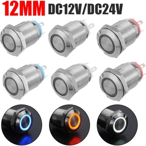 New 12V/24V Car Metal Push Button Switch 12mm Aluminum LED Power Push Button Car Start Horn Speaker Bell Self-reset Switch
