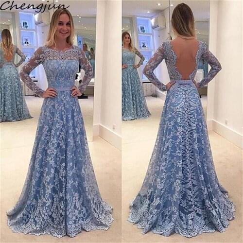 Chengjun Classic Open Back Long Sleeve Sky Blue Lace A-Line Vintage Prom Dress