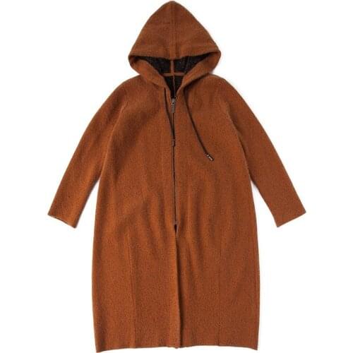 Double face color mink cashmere dots clip yarns blend thick knit women hooded long cardigan sweater coat caramel 2colors M/3XL