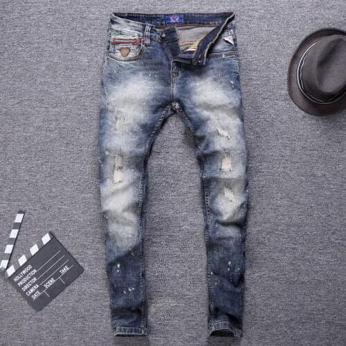 Italian Style Fashion Jeans Men Retro Gray Blue Distressed Ripped Jeans Elastic Cotton Slim Fit Streetwear Hip Hop Denim Pants