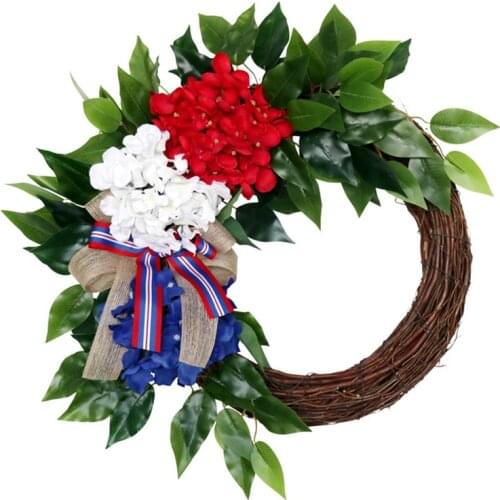 Artificial Hydrangea Wreath American Patriotic Independence Day Wreath for Front Door Wall Window Home Decoration
