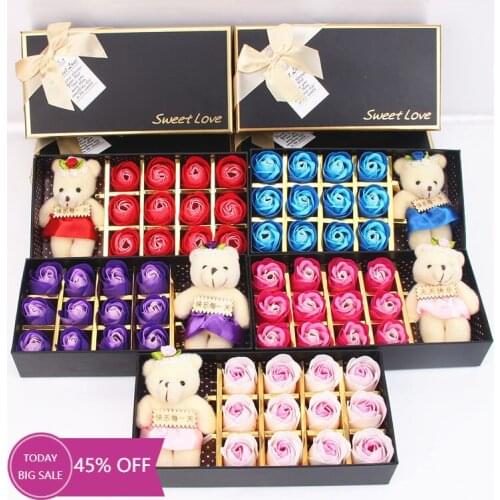 12Pcs Artificial Flower Artificial Soap Rose Flower Bear Doll Artificial Decorations Romantic Valentines Day Gift For Girlfrien