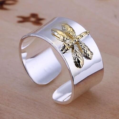 KN-R011 Hot Selling silver plated Rings for women resizable silver color jewellery fashion jewelry, Dragonfly Ring-Opened