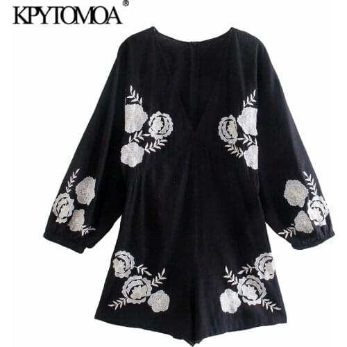 KPYTOMOA Women 2021 Chic Fashion Floral Embroidery Linen Playsuits Vintage Puff Sleeve Back Zipper Female Jumpsuits Mujer