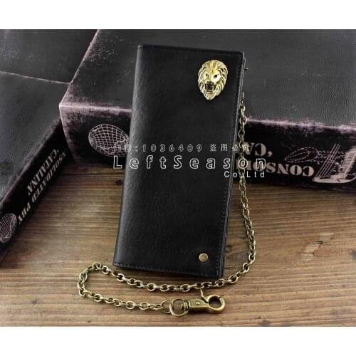 Brass Lion Head Concho Real Leather Card Holder Long Wallet With key Chain