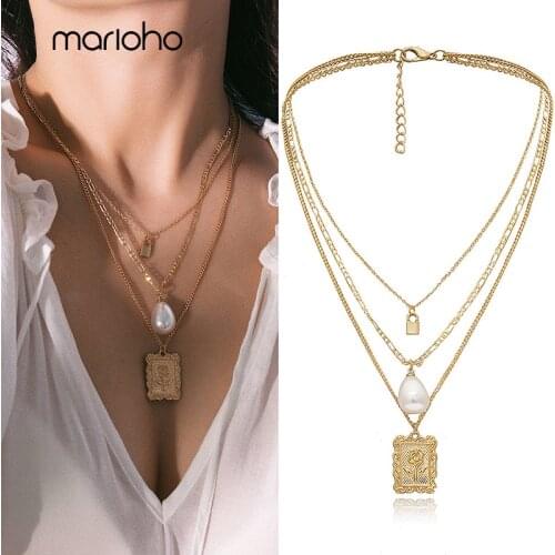 Fashion Rose Art Embossed Square Brand Multilayer Pendant Necklace Water Droplets shaped Pearl Lock Necklace Bijoux Girl Gift