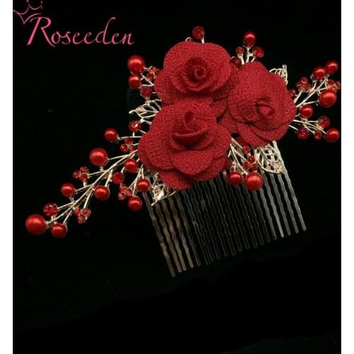 Fashion Wedding Hair Comb With Red Flower Hair Headpiece Wedding Hair Accessories Jewelry Tiara Headbands RE3074