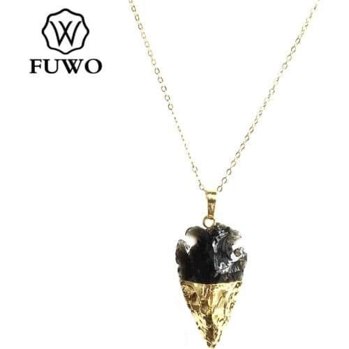 FUWO Trendy Women Obsidian Arrow Shape Pendants Necklace With Gold Trimmed Hand Made Gems Stone Arrowhead For Women NC252