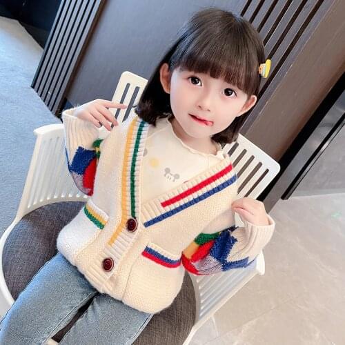 Rainbow Check Girls Sweatshirt Cardigan Fashion V-neck Single-breasted Knitted Sweater Little Girl Jacket Kids Autumn Clothes