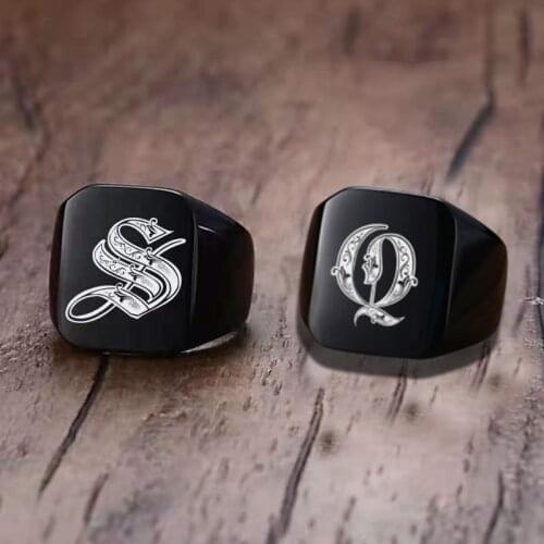 2021 Trend Fashion Simple Black Square 18MM Mens Thick Stamp Stainless Steel Engraving Royal Initials Seal Ring Custom Jewelry