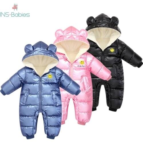 Baby Boys Cotton Padded Clothes Winter Bright Color Children Thickened Snowsuit For Girls 2021 Long Sleeve With Hooded Overalls