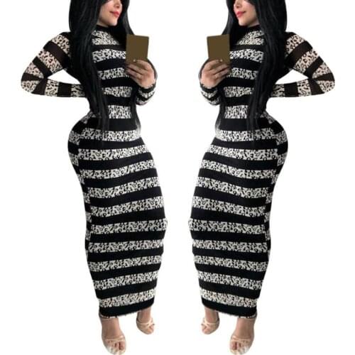 Autumn Casual Striped O-neck Long Sleeve Dress Black White Striped Woman Dress Elegant Sexy Sheath Slim Bodycon Dress For Women