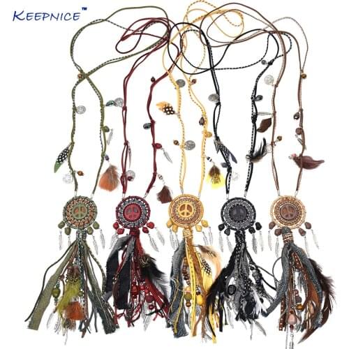 Handmade Bohemian Military green Dream catcher charm necklace feather Pendant necklace Boho statement tassel pendant Necklace