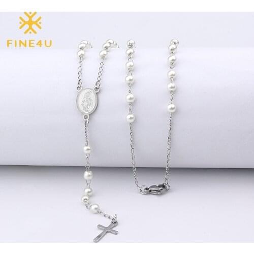 FINE4U N421 Stainless Steel Cross Virgin Mary Pendant Necklace 4mm Rosary Pearls Beads Necklaces For Christian Jewelry