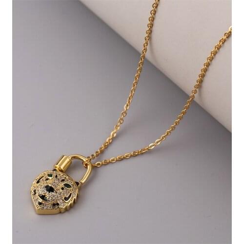 Creative Design Lock Shape Leopard Head Pendants Necklaces For Women Fashion Zircon Stainless Steel Gold Color Chain Necklace