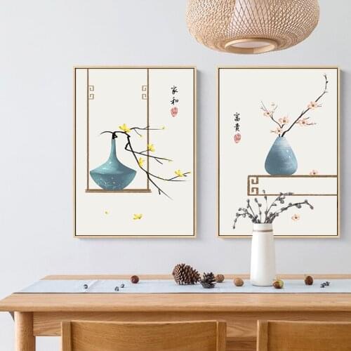 Retro Chinese Tranditional Prints Plum Blossom Vase Harmonious Rich Wall Art Painting Poster for Room Kitchen Home Decor