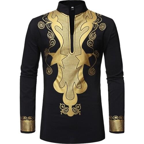 Luxury Metallic Print African Dashiki Shirt Men Hipster Streetwear Casual African Clothes Men Slim Fit Long Sleeve Chemise Homme