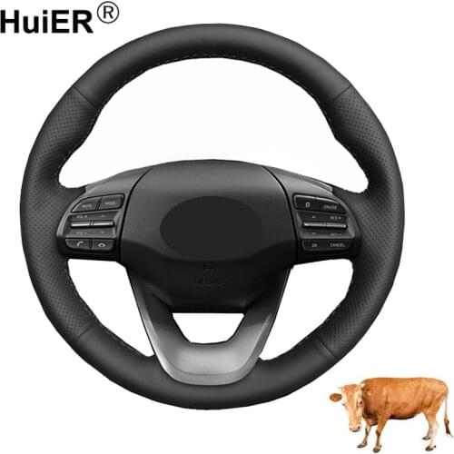 Hand Sewing Car Steering Wheel Cover Wrap Cow Leather Volant For Hyundai Kona 2017 2018 2019 2020 2021 2022 Auto Funda Volante