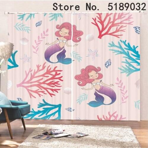 Mermaid Cartoon Curtain 2 Panels Underwater World Blackout Window Drapes for Living Room Bedroom 3D Print Curtain Home Decor