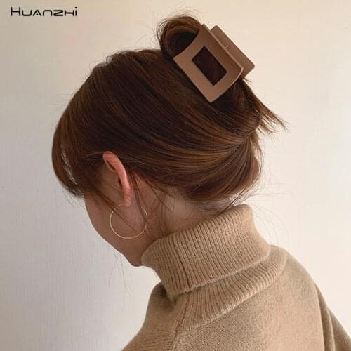 HUANZHI 2020 Medium Matte Resin Colorful Geometric Square Hollow Horsetail Clip for Women Hair Accessories Hair Style Make