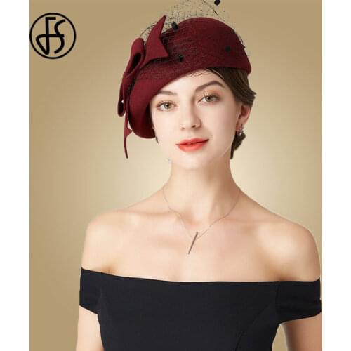 FS 2021 New Black Veils Wool Fedora Hats For Women Wedding Fascinators Church Hat Ladies Felt Winter Berets Pillbox Hat Chapeu