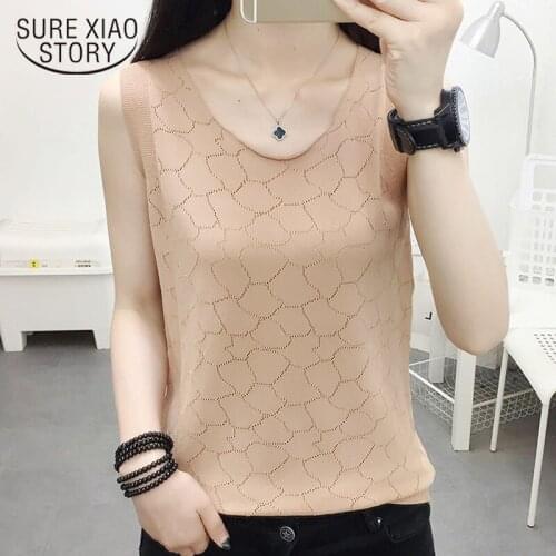 2021 Summer New Korean O-neck White Tank Tops Women Sexy Hollow Out Ice Silk Knitted Vest Female Casual Sleeveless Camisole 9691