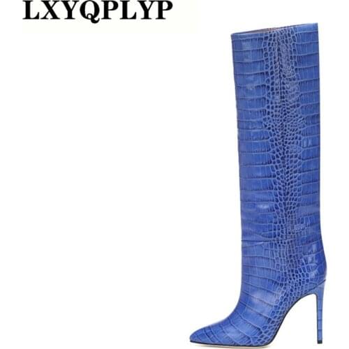 Women Knee High Boots Fashion Crocodile Print Thin High Heel Ladies Shoes Sexy Pointed Toe Party Women High Botas Mujer