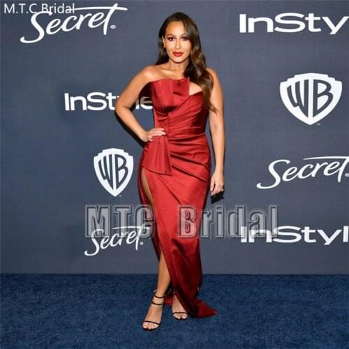 Sexy Burgundy Strapless Prom Dresses High Slit Pleat Shiny Satin Long Formal Dress Plus Size Celebrity Gowns Robe De Soiree