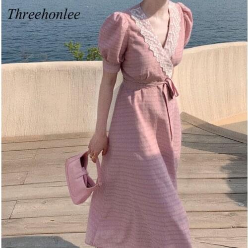 Summer Korean Blue Vintage Sweet Dress Women High Waist Lace V-Neck Stripe Elegant Slim Beach Cusual Party Midi Dress