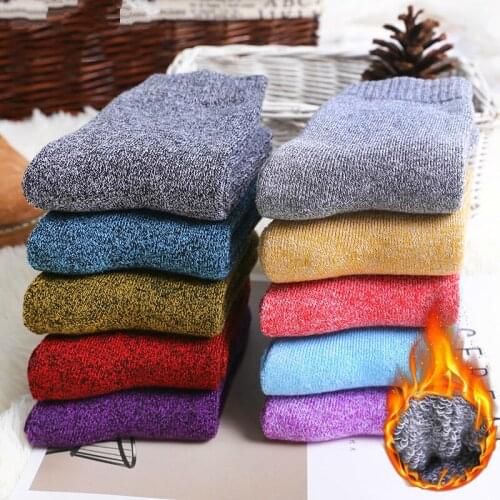 Winter Women Thick Warm Terry Cotton Fashion Solid Harajuku Retro Solid Color Wool Socks 5 Pair