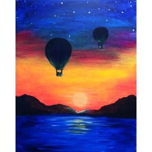100% Hand Made Kids Room Decorative Oil Painting Hot Air Balloons At Night Over Water Painting on Canvas High Quality No Framed