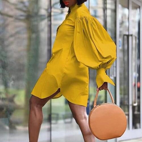 2021 New Europe America Autumn Lantern Sleeve Solid Color Retro Fashion Temperament Commute Loose African Dress Womens